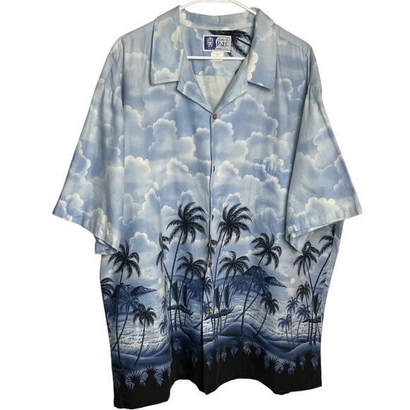 Vintage RJC Hawaiian Shirt Mens 3XL Blue Clouds Palm Trees Boats Ocean USA 90s - Picture 1 of 7